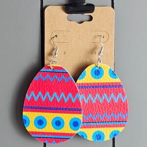 Easter Egg Drop Earrings Faux Leather Red Yellow Blue Teardrop 2.89" Lightweight
